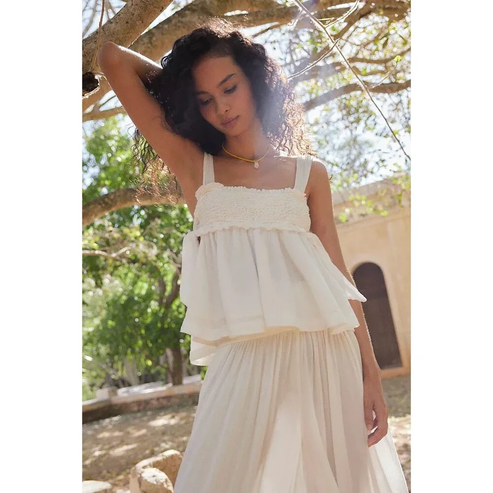 Free People Free-est Kirby Top Swingy Tank Blouse Smocked Cotton Ivory M 288883